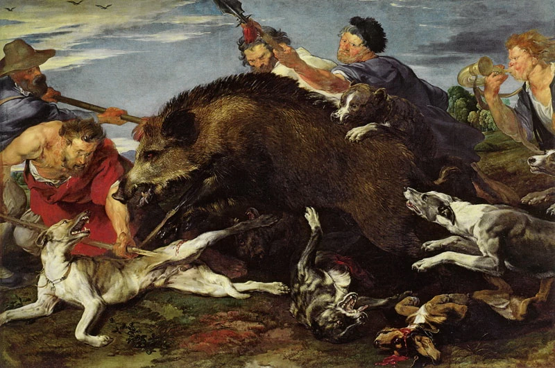 Caccia al cinghiale - Alte Pinakothek, Monaco di Baviera, figure di Van Dyck